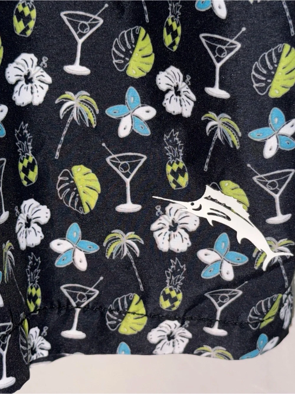 Tommy Bahama Black Swim Trunks with White, Blue and Lime Tropical Print